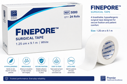 Finepore White Surgical Tape 1.25cm Box of 24 | Hypoallergenic Tape