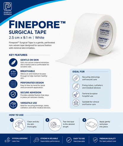 Finepore White Surgical Tape 2.5cm Box of 12 | Hypoallergenic Medical Tape