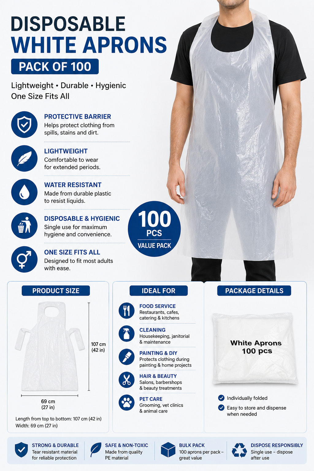 Disposable White Flat Pack Aprons Pack of 100 | Disposable PPE Aprons