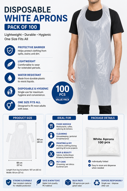 Disposable White Flat Pack Aprons Pack of 100 | Disposable PPE Aprons
