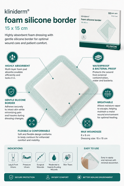 Kliniderm Foam Silicone Border 15x15cm Box of 5 | Foam Wound Dressings
