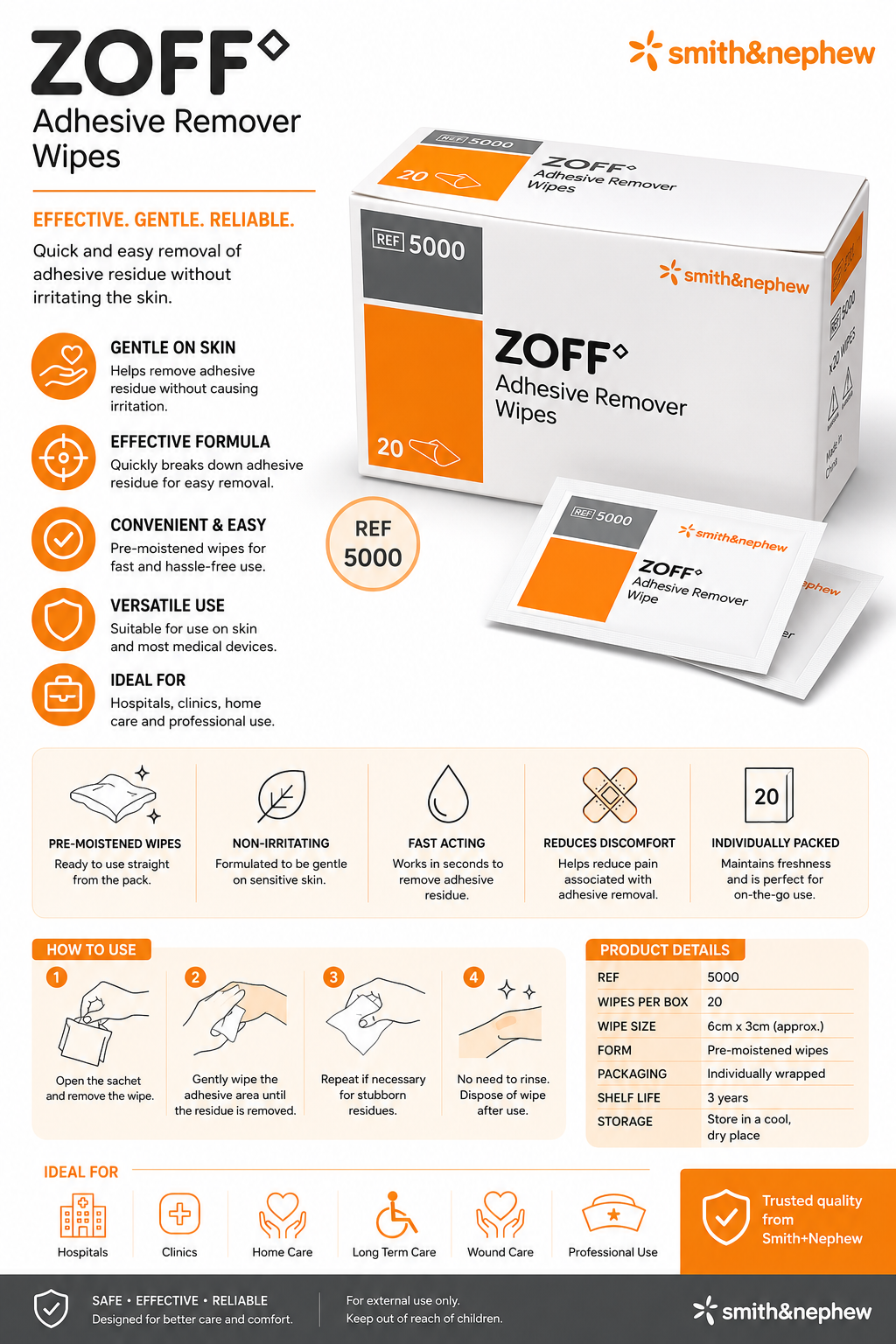 Zoff Adhesive Remover Wipes Box of 20 | Medical Adhesive Removal Wipes