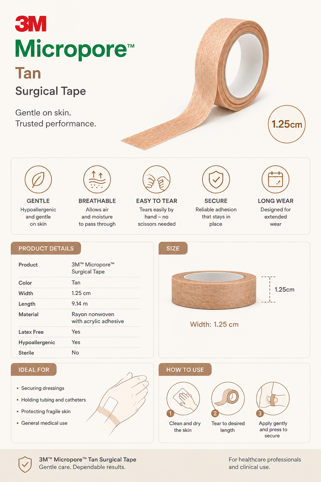 Micropore Tan Tape 1.25cm x6 + Sterile Non Woven Swabs 7.5cm x10