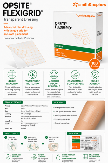 Opsite Flexigrid 6x7cm Box of 100 | Transparent Film Dressings Sterile