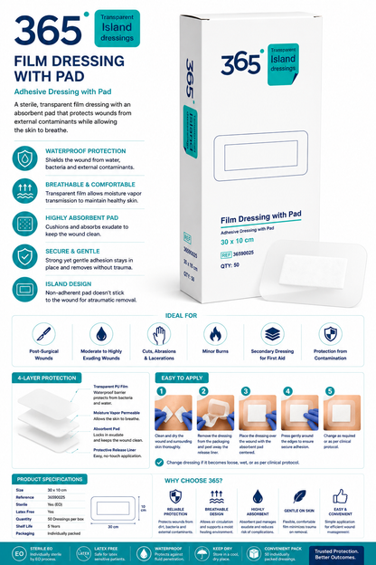 365 Film Island Dressing 30x10cm Box of 50 | Sterile Waterproof Dressing