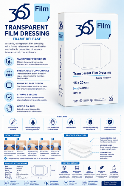 365 Transparent Film Dressing 15x20cm Box of 25 | Waterproof Dressings