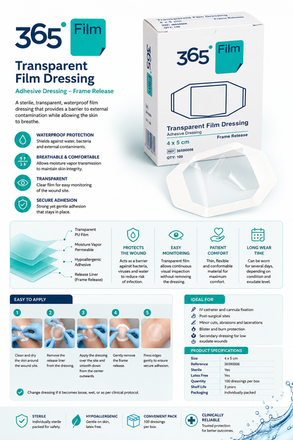 365 Transparent Film Dressing 4x5cm Box of 100 | Waterproof Dressings