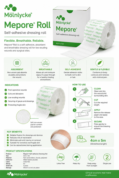 Mepore Roll 4cm x 5m Box of 1 | Self Adhesive Dressing Retention Roll