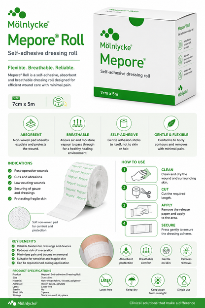 Mepore Roll 7cm x 5m Box of 1 | Self Adhesive Dressing Retention Roll