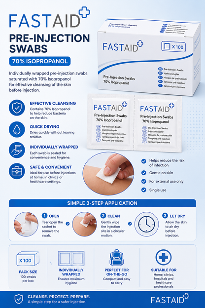FastAid Pre Injection Swabs Box of 100 | Alcohol Skin Cleansing Wipes