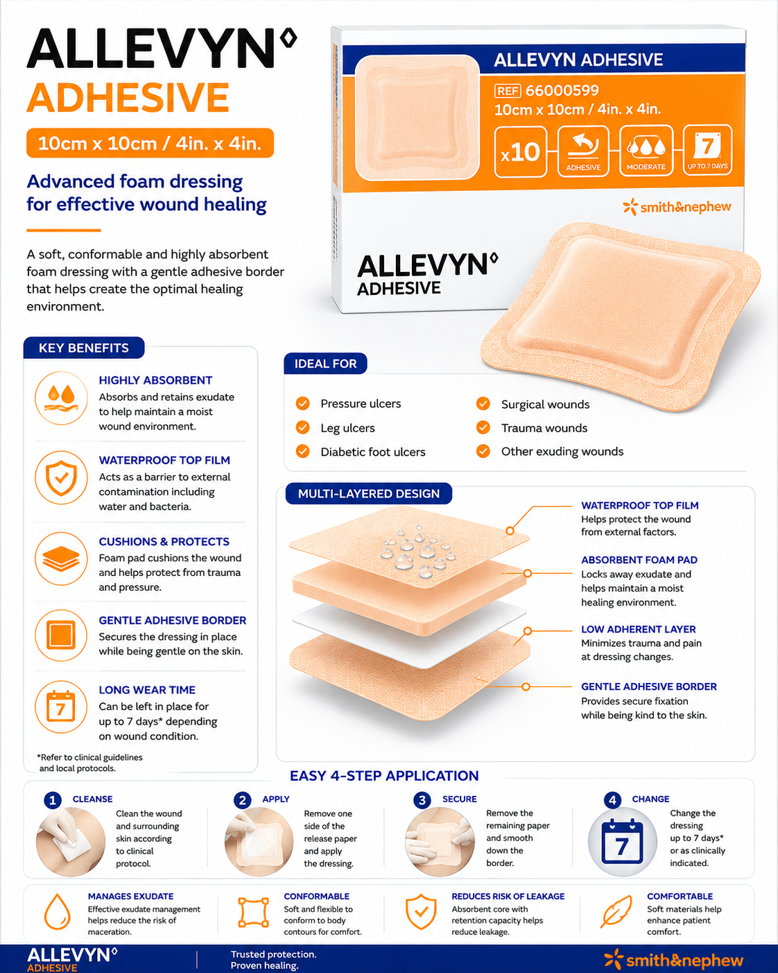 Allevyn Adhesive 10x10cm Box of 10 | Foam Wound Dressings Sterile