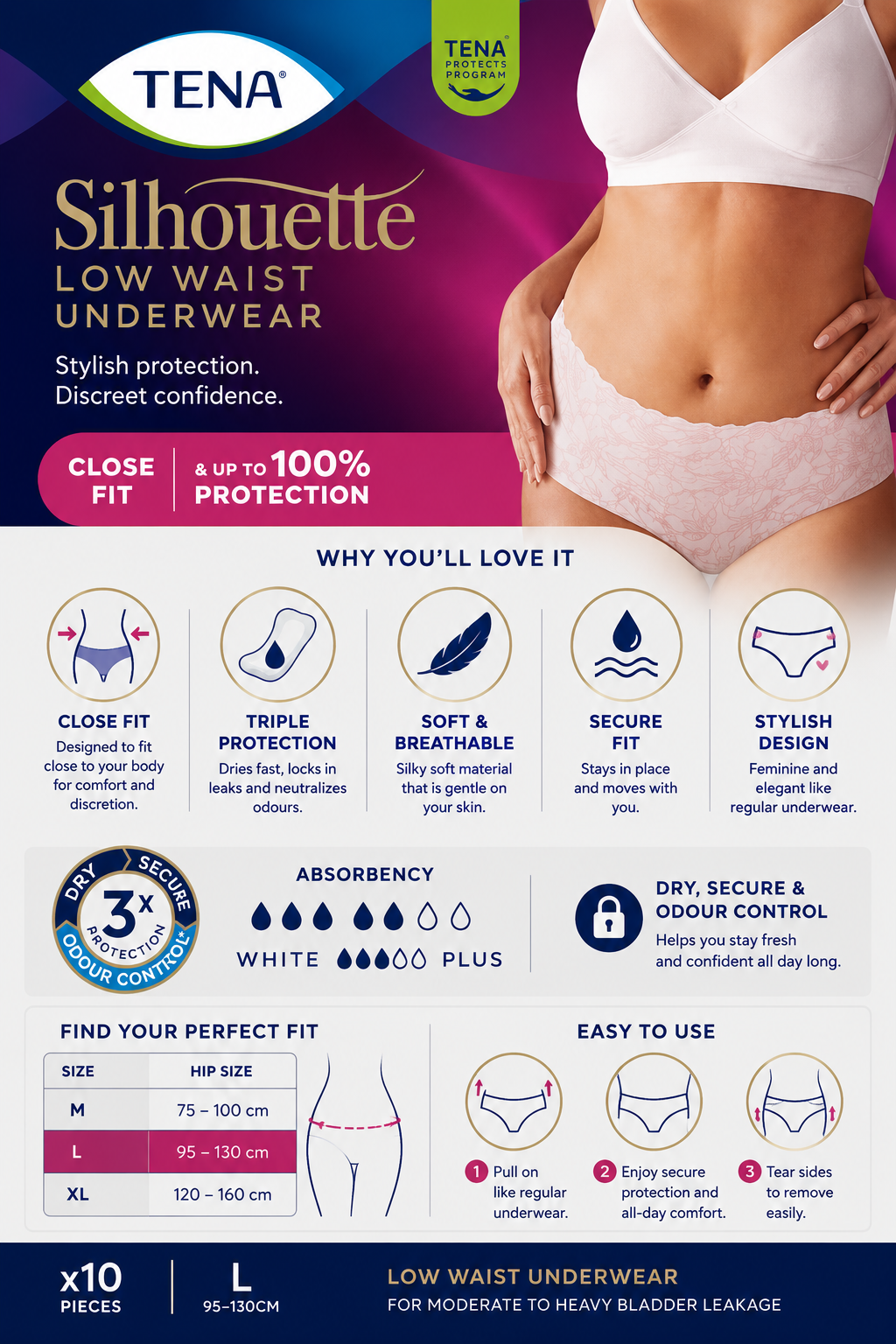 TENA Silhouette Plus White Large Pack of 10 | Discreet Incontinence Pants