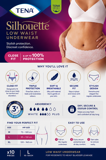 TENA Silhouette Plus White Large Pack of 10 | Discreet Incontinence Pants