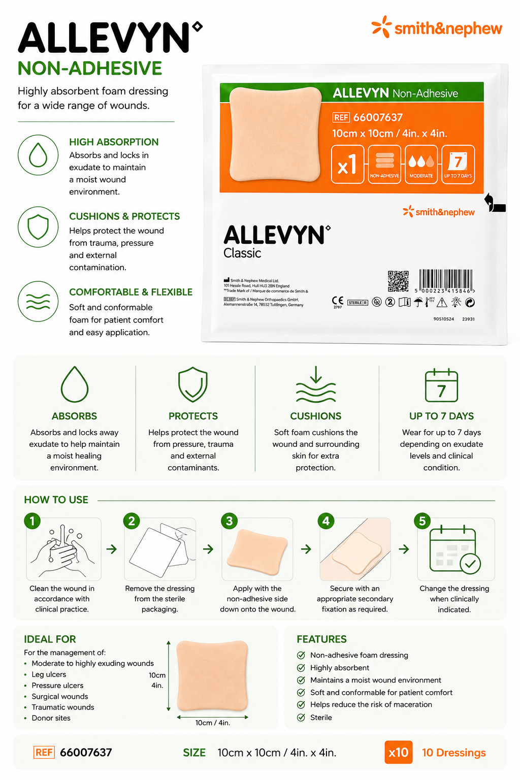 Allevyn Non Adhesive 10x10cm Box of 10 | Foam Wound Dressings Sterile