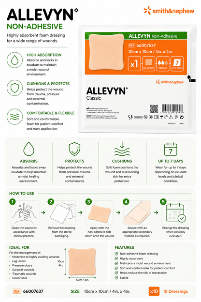 Allevyn Non Adhesive 10x10cm Box of 10 | Foam Wound Dressings Sterile