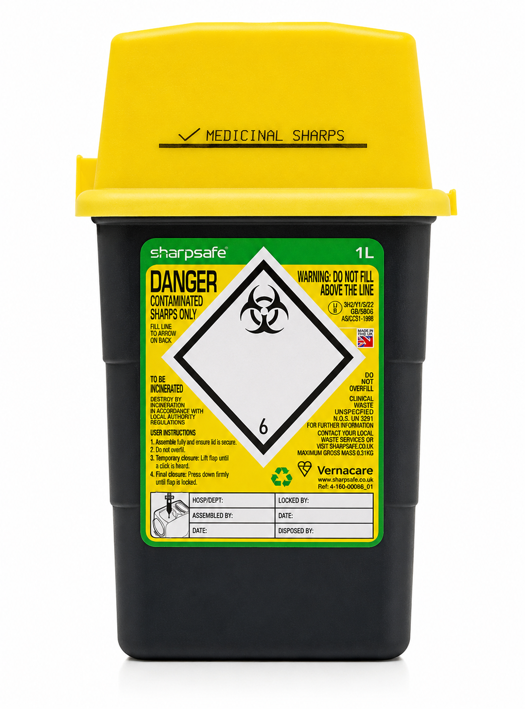 Sharpsafe 1 Litre Grey Sharps Bin with Yellow Lid