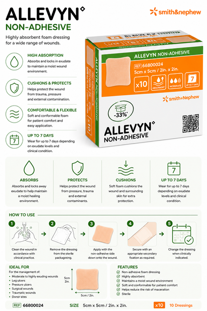 Allevyn Non Adhesive 5x5cm Box of 10 | Foam Wound Dressings Sterile