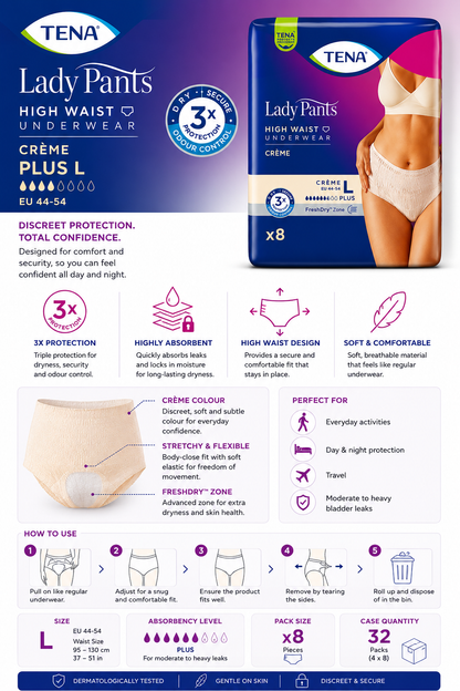 TENA Lady Pants Plus Crème Large Pack of 8 | Discreet Incontinence Pants