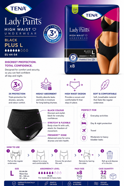 TENA Lady Pants Plus Black Large Pack of 8 | Discreet Incontinence Pants