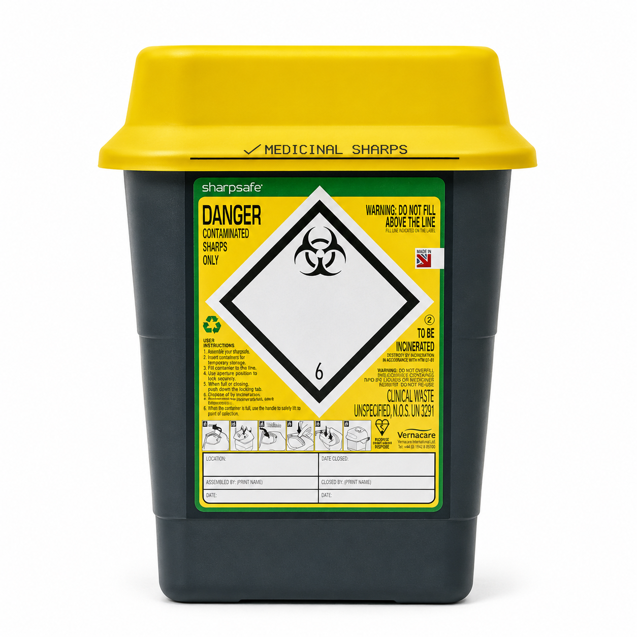 Sharpsafe 7L Wide RCL Grey Sharps Container Yellow Lid