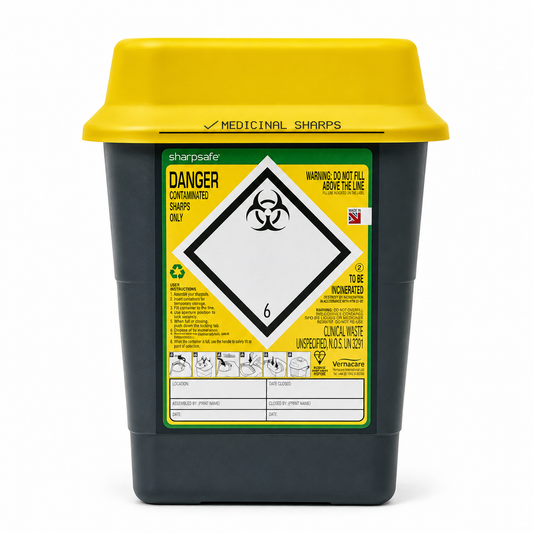 Sharpsafe 7L Wide RCL Grey Sharps Container Yellow Lid