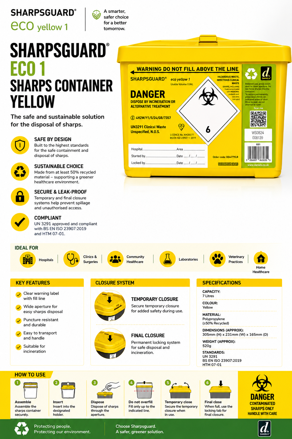 Sharpsguard 1 Litre Yellow Sharps Container