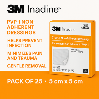 Inadine 5x5cm Box of 25 | PVP-I Non Adherent Wound Dressings Sterile