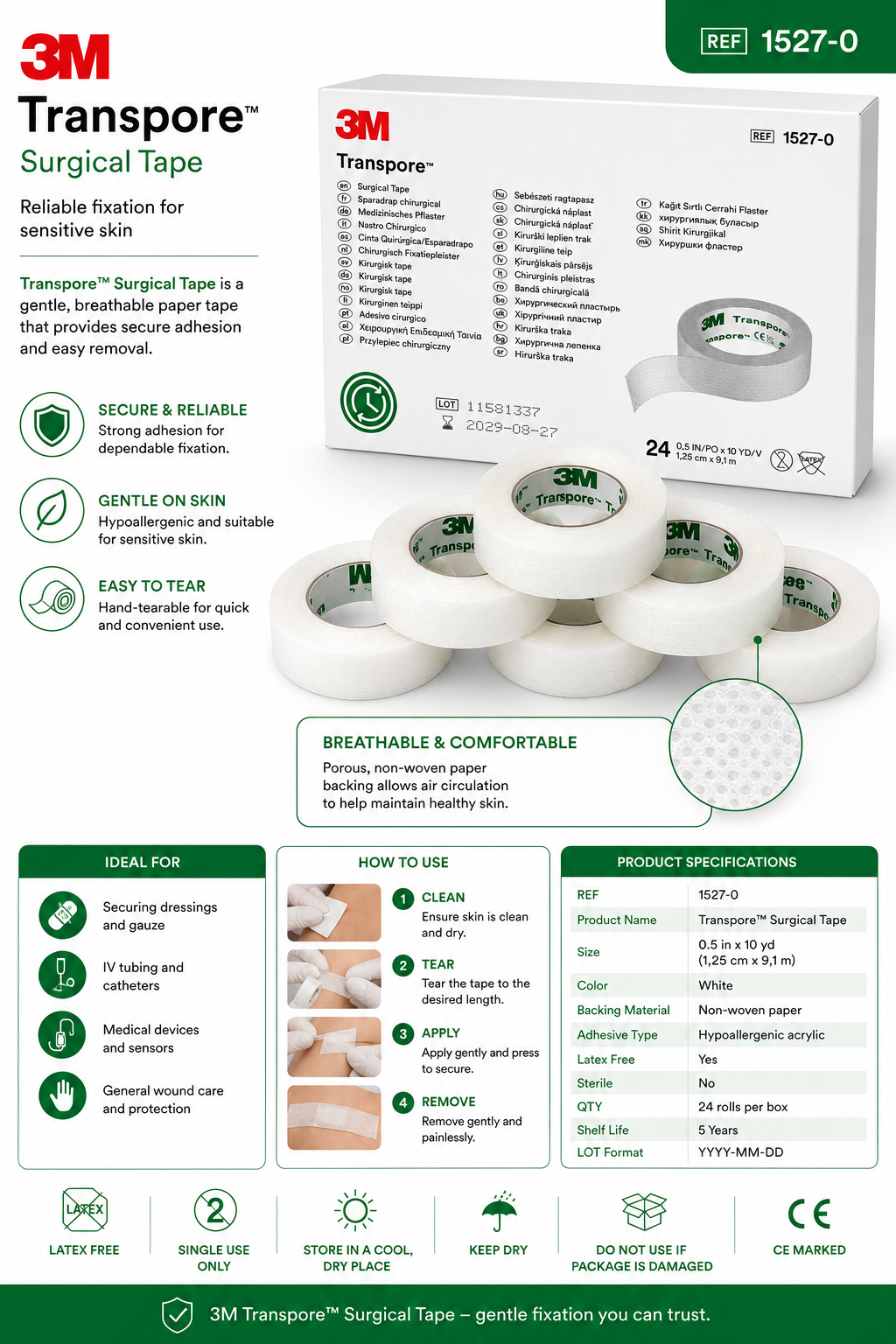 Transpore Tape 1.25cm x4 + Sterile Non Woven Swabs 7.5cm x10