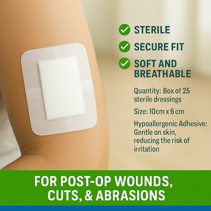 MediSale Adhesive Sterile Wound Dressings **Box of 25**- Suitable for cuts and grazes, Diabetic Leg ulcers, venous Leg ulcers, Small Pressure sores First Aid Plaster. (10cm x 6cm)