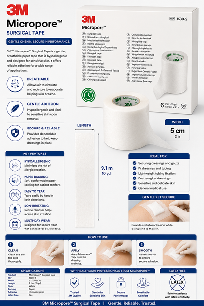 Micropore White Tape 5cm x3 + Sterile Non Woven Swabs 7.5cm x10