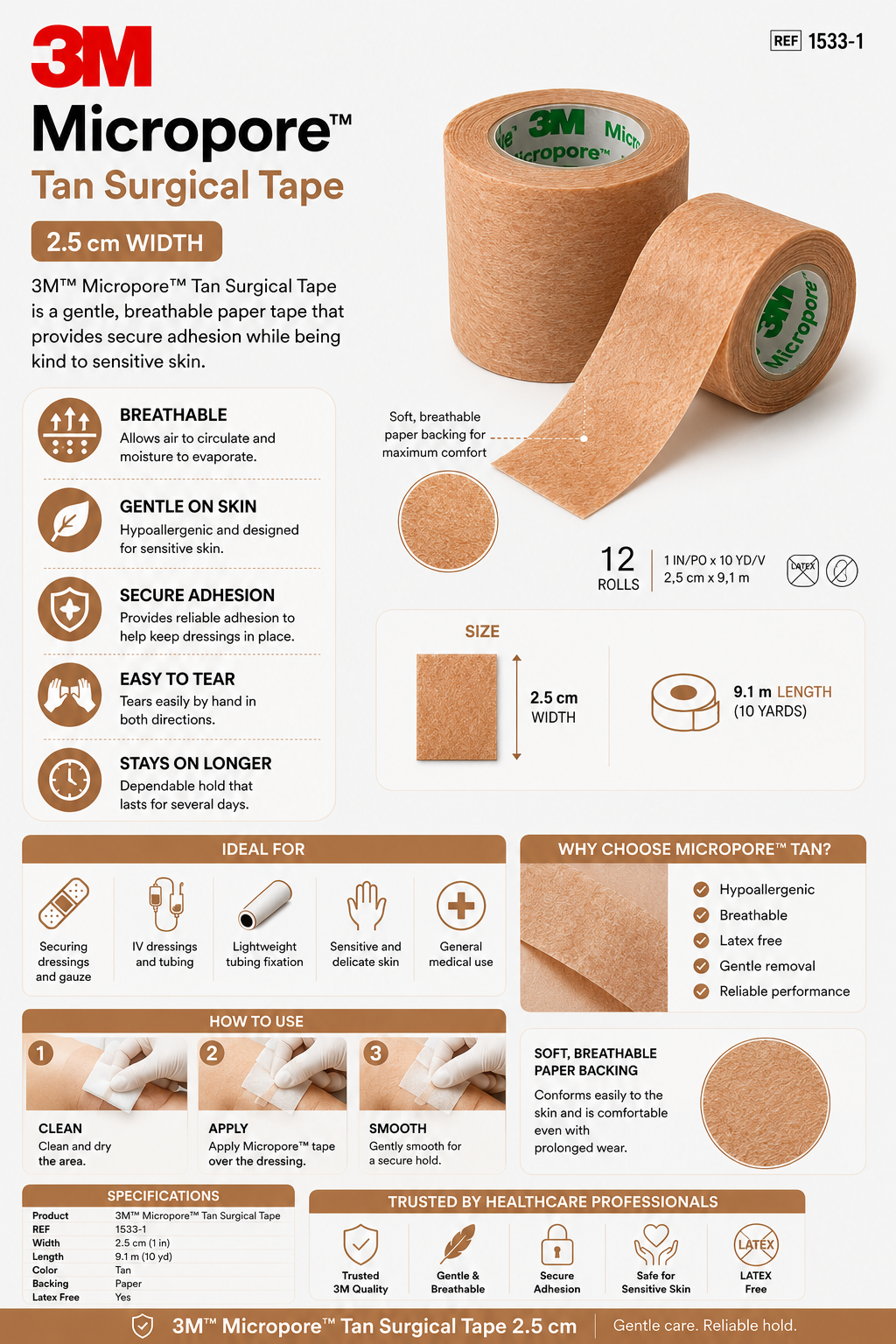 Micropore Tan Tape 2.5cm x4 + Sterile Non Woven Swabs 7.5cm x10