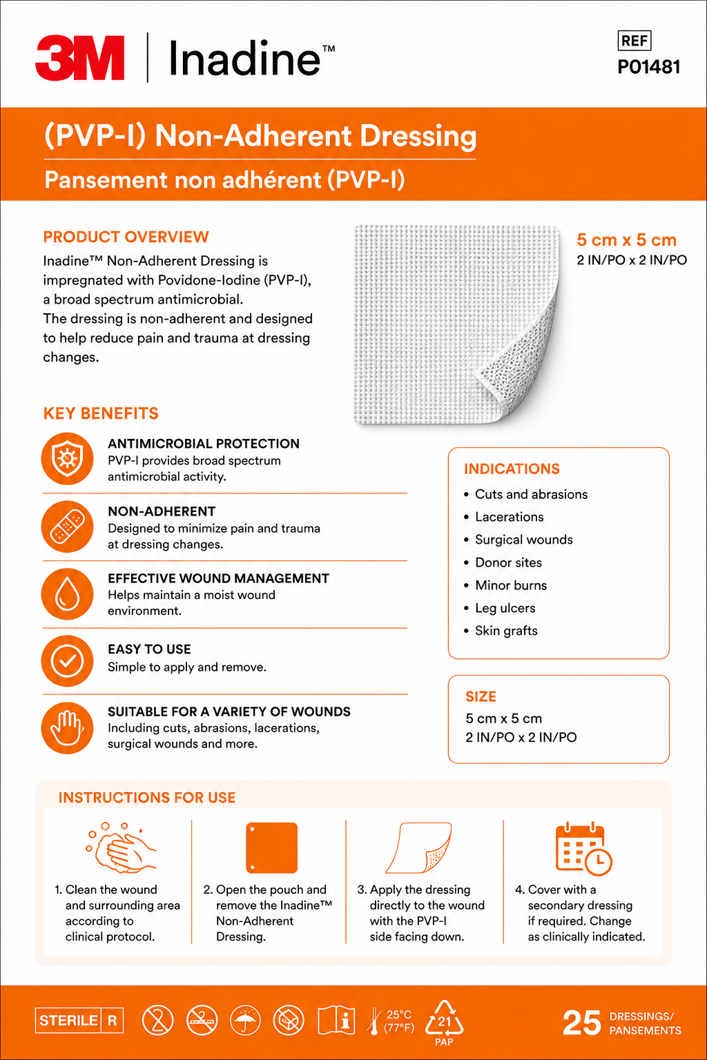 Inadine 5x5cm Box of 25 | PVP-I Non Adherent Wound Dressings Sterile