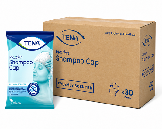 TENA Shampoo Cap x30 Case | Rinse Free Hair Wash Caps No Water Needed