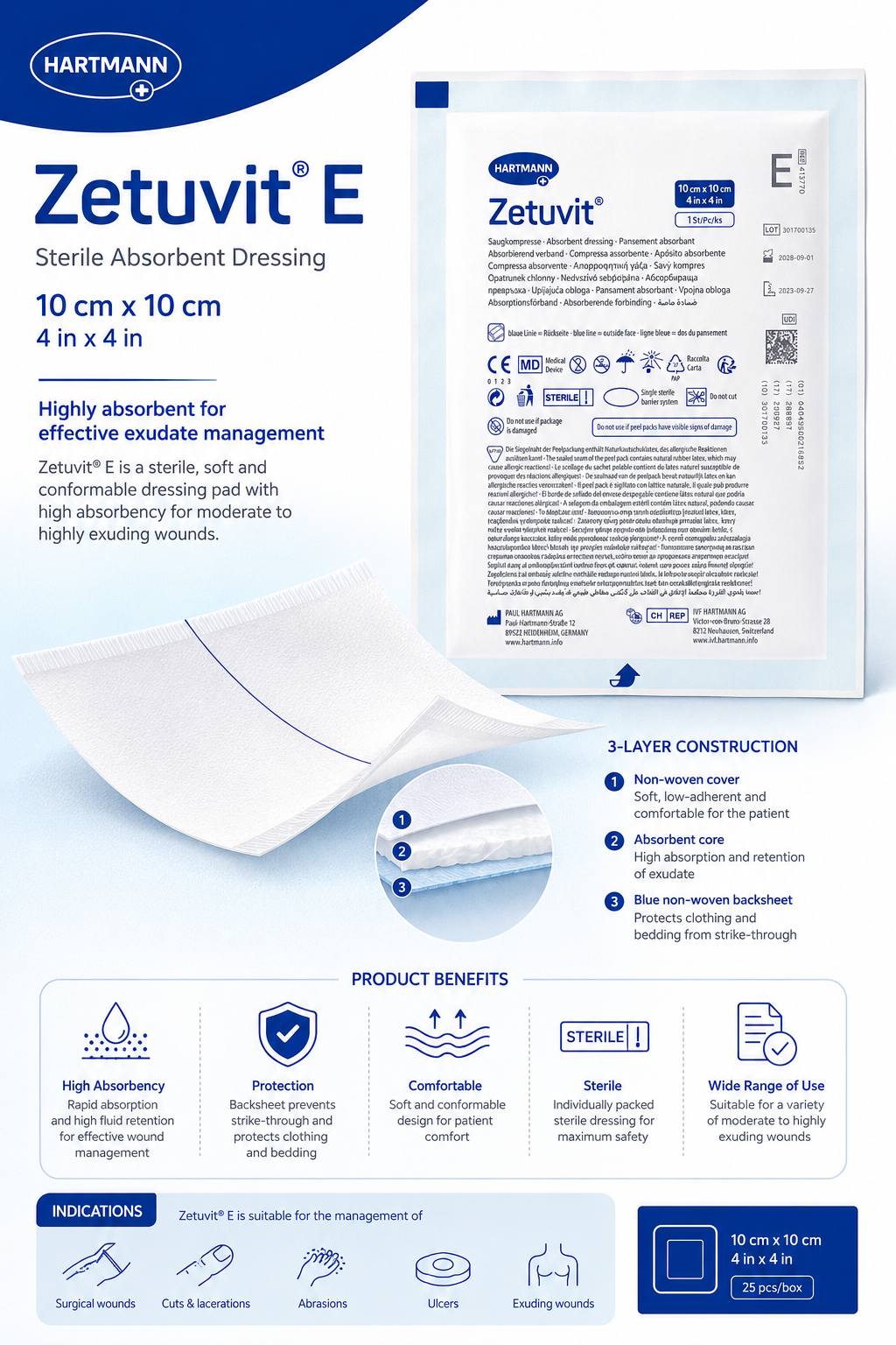Zetuvit E Sterile 10x10cm Box of 25 | Absorbent Wound Dressings