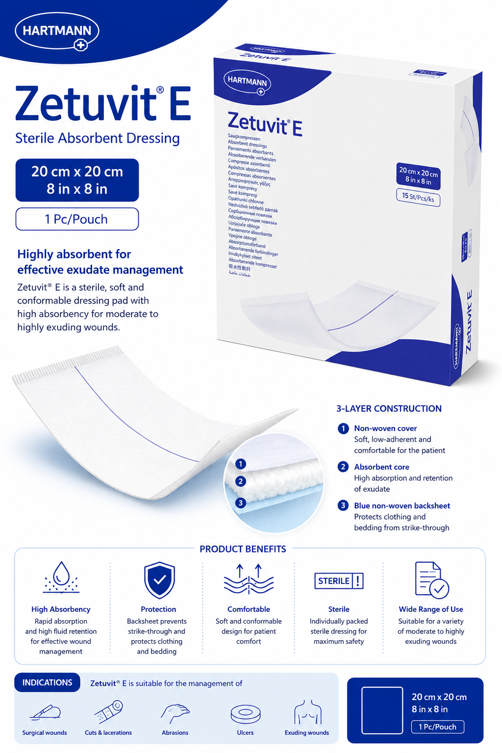 Zetuvit E Sterile 20x20cm Box of 15 | Absorbent Wound Dressings