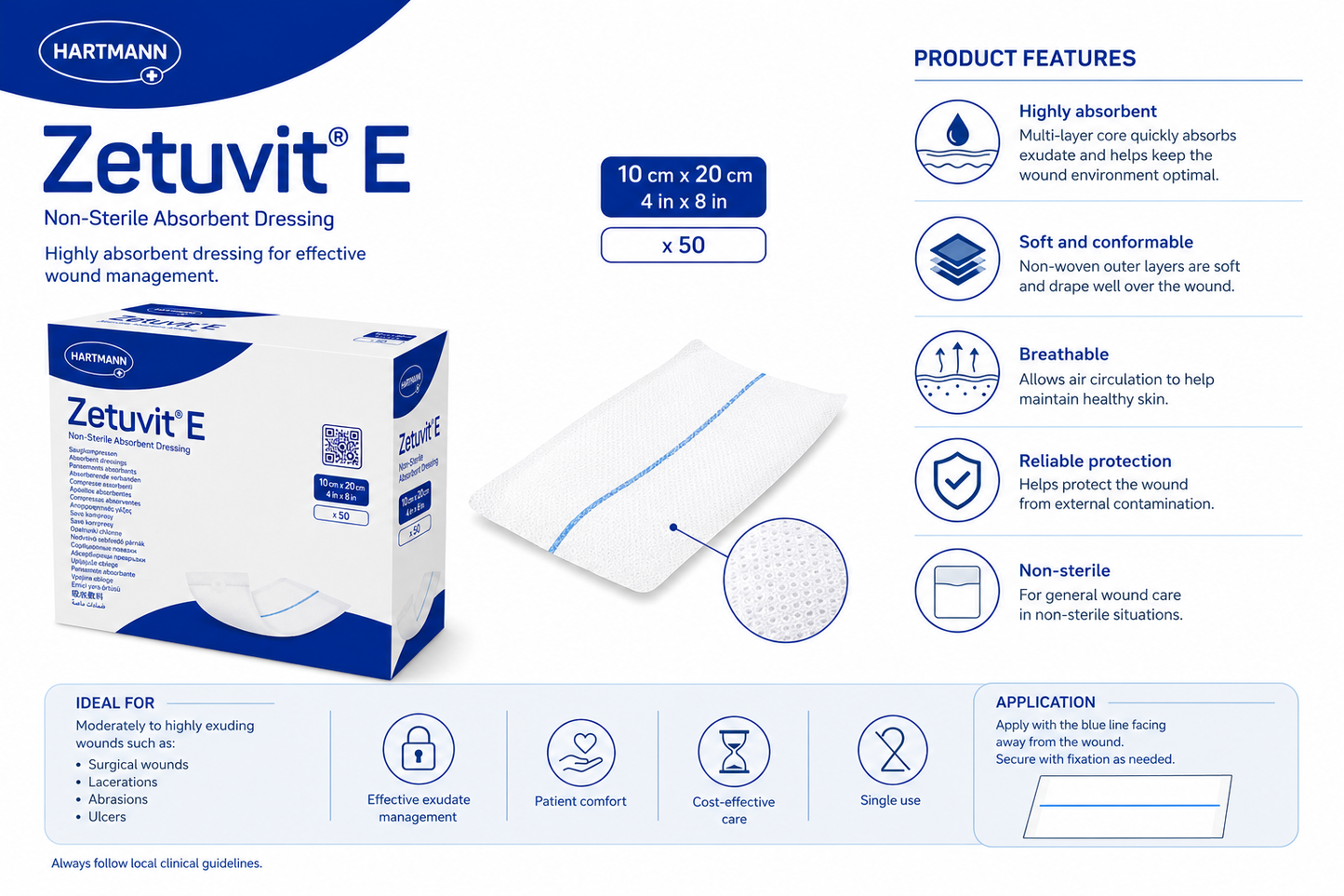 Zetuvit E Non Sterile 10x20cm Box of 50 | Absorbent Dressing Pads
