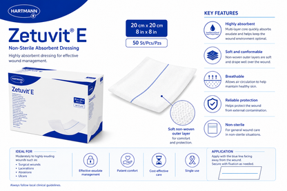Zetuvit E Non Sterile 20x20cm Box of 50 | Absorbent Dressing Pads