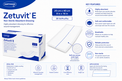 Zetuvit E Non Sterile 20x40cm Box of 30 | Absorbent Dressing Pads