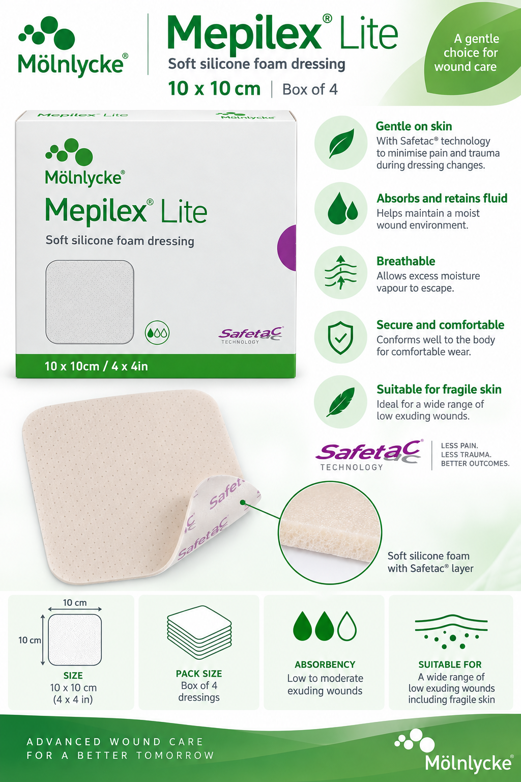 Mepilex Lite 10cm x 10cm Box of 5 | Silicone Foam Wound Dressings