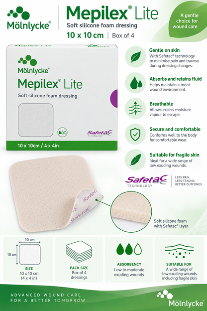 Mepilex Lite 10cm x 10cm Box of 5 | Silicone Foam Wound Dressings