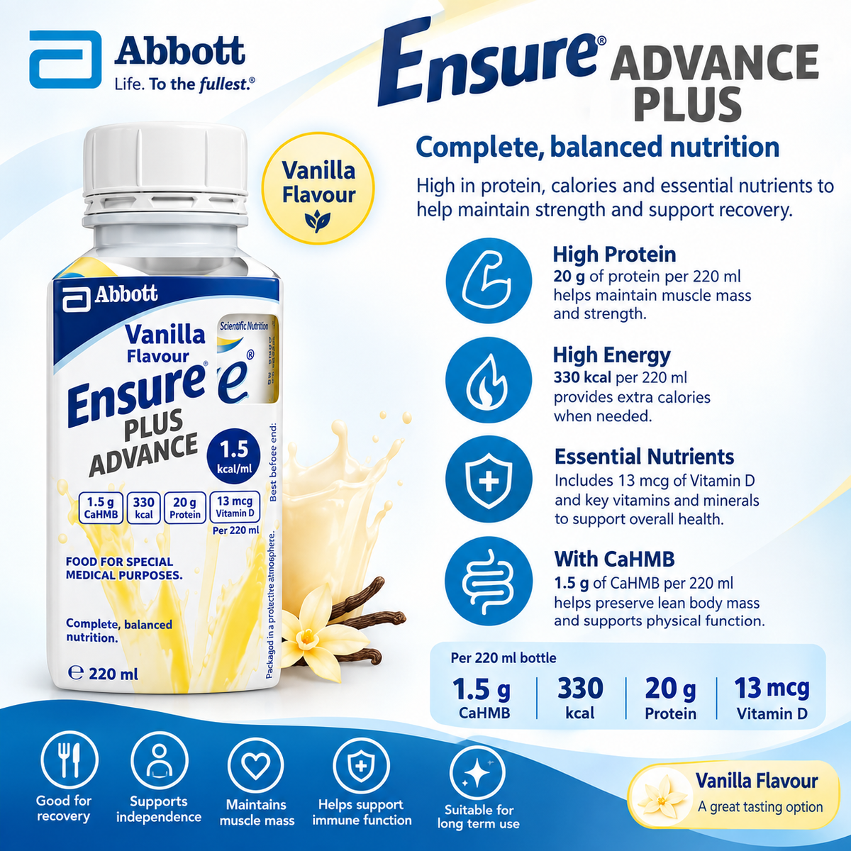 Ensure Plus Advance – Vanilla Flavour – 220ml – Full Case of 24 Bottles