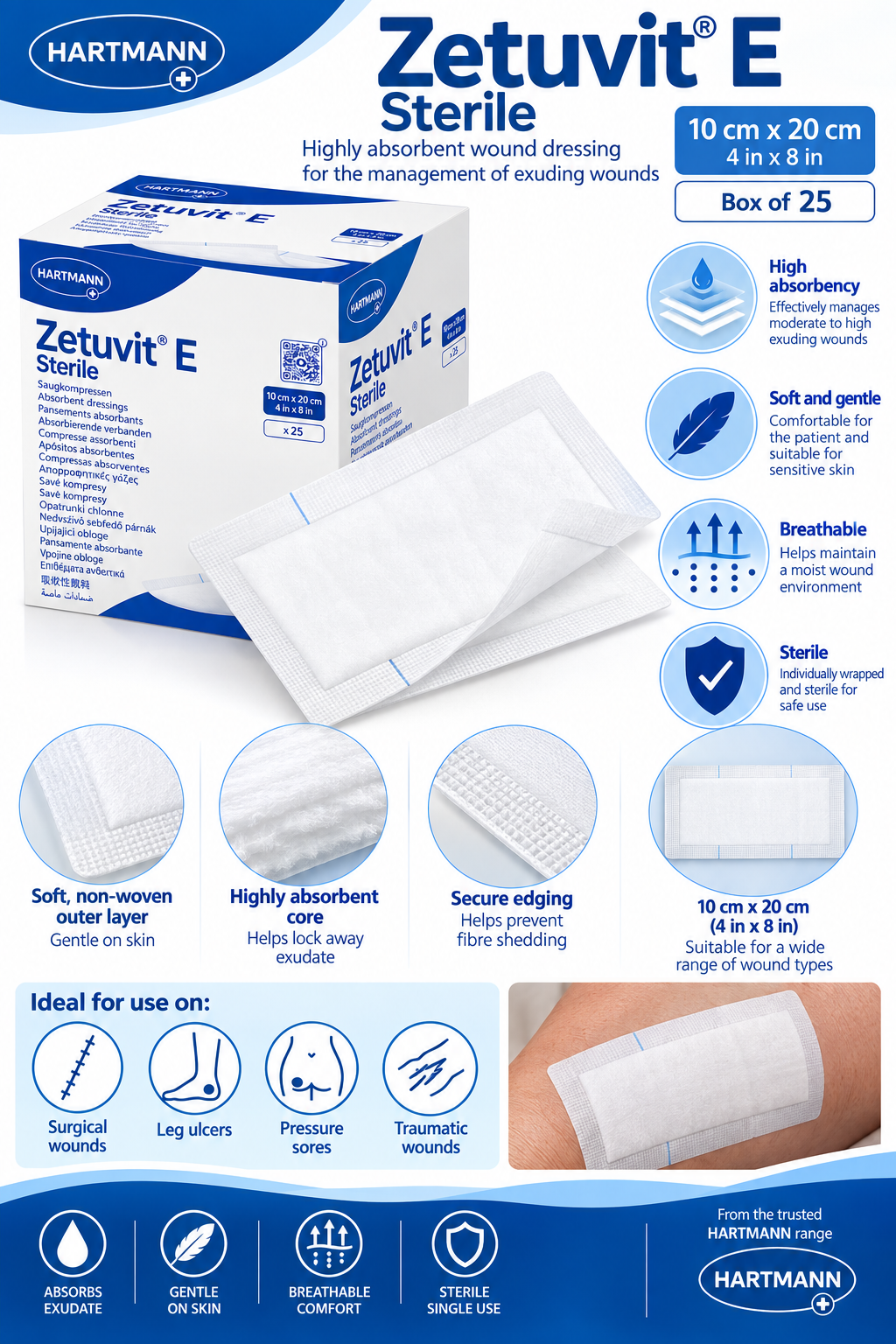 Zetuvit E Sterile 10x20cm Box of 25 | Absorbent Wound Dressings