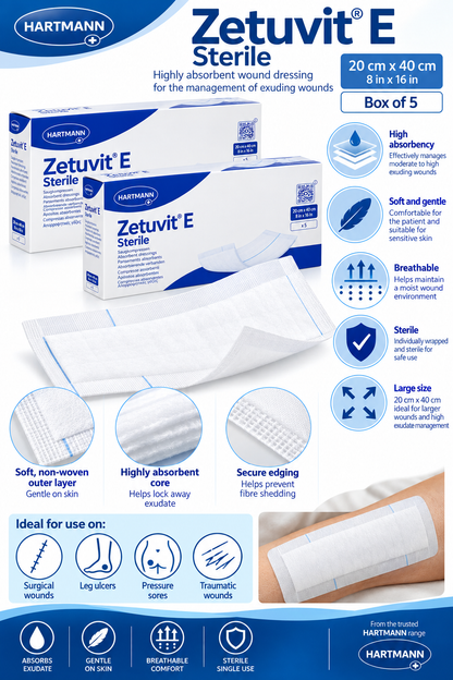 Zetuvit E Sterile 20x40cm Box of 5 | Absorbent Wound Dressings