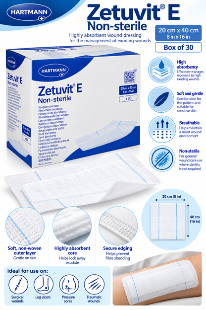 Zetuvit E Non Sterile 20x40cm Box of 30 | Absorbent Dressing Pads