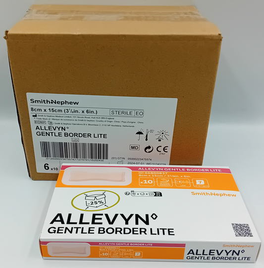 Allevyn Gentle Border Lite Foam Dressing 8cm x 15cm – Box of 10 (Case of 6 Boxes / 60 Dressings)