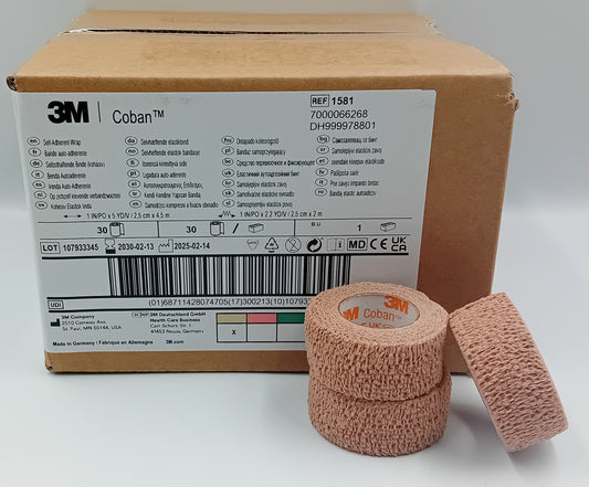 Coban Self-Adherent Wrap – Tan – 2.5cm x 4.5m – Box of 30 Rolls (Case)