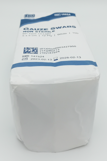 Premier 1665 Cotton Gauze Swabs 12-Ply, 5cm x 5cm – White, Pack of 100