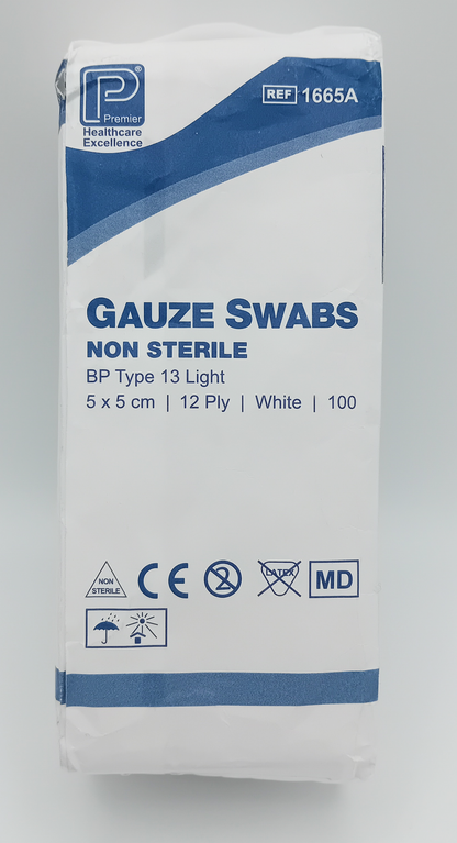 Premier 1665 Cotton Gauze Swabs 12-Ply, 5cm x 5cm – White, Pack of 100