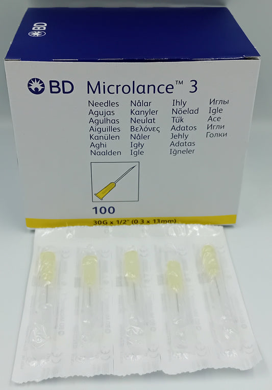 BD Microlance Needles – 30G x ½" (0.3mm x 13mm) – Yellow – Box of 100