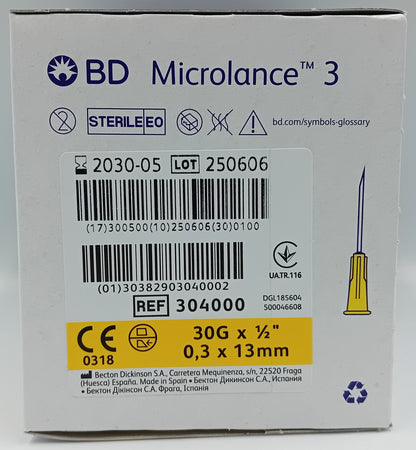 BD Microlance Needles – 30G x ½" (0.3mm x 13mm) – Yellow – Box of 100